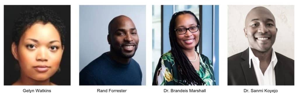 Four individual portraits celebrating Black Excellence: a woman with curly hair, a man with a beard, a woman with glasses and long hair, and a man in a suit. Each is smiling brightly. Names are thoughtfully placed below each image.
