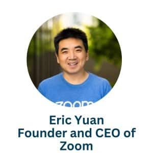 Portrait of Eric Yuan, wearing a blue Zoom t-shirt, with the text "Eric Yuan Founder and CEO of Zoom" below his photo—celebrating Asian American innovators for AAPI Heritage Month.