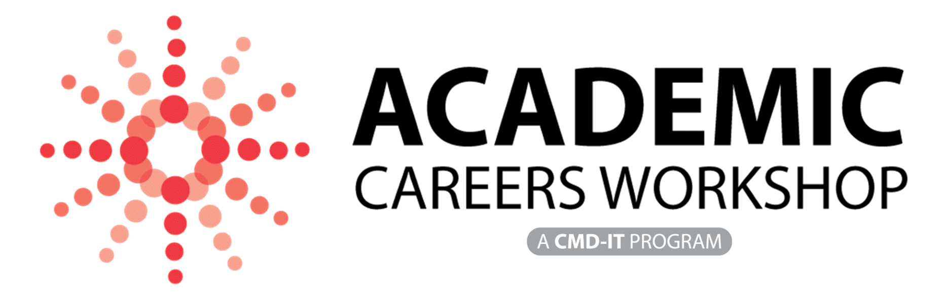 Logo for the Academic Careers Workshop, featuring red circular dot patterns on the left and bold black text on the right with "A CMD-IT PROGRAM" in a gray oval below.
