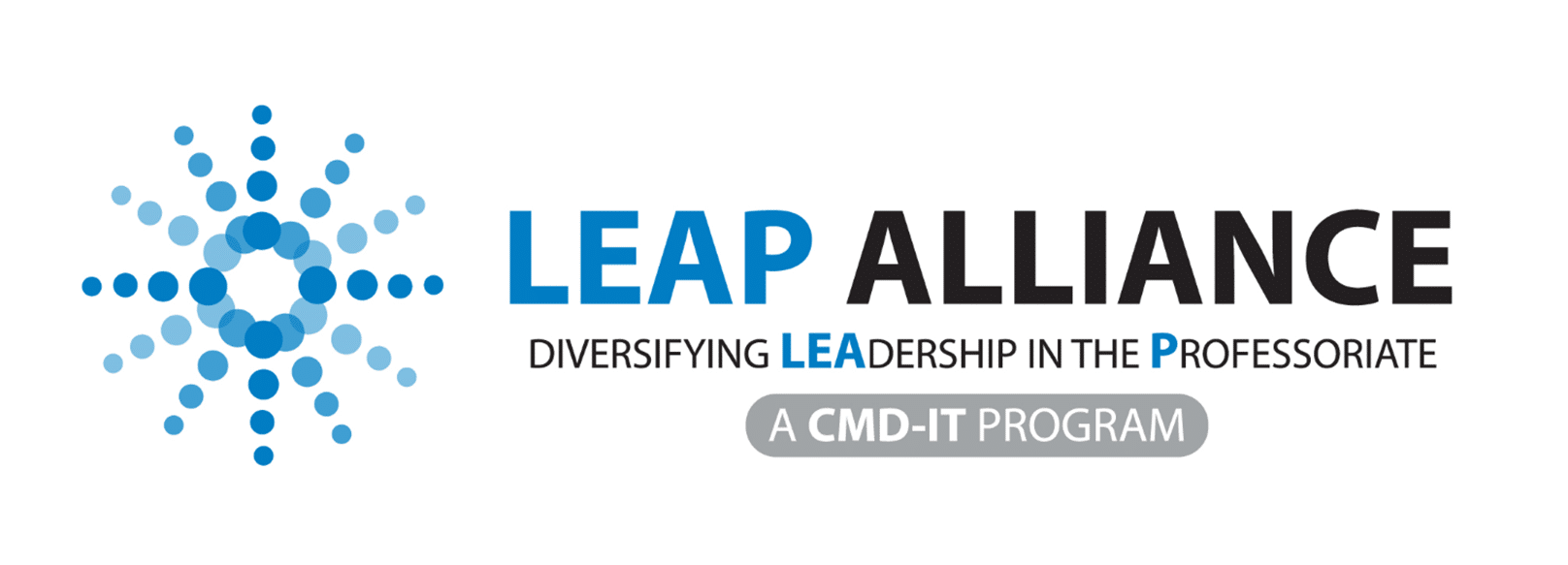 LEAP Alliance logo with blue dot pattern, tagline "Diversifying Leadership in the Professoriate," and label "A CMD-IT Program.