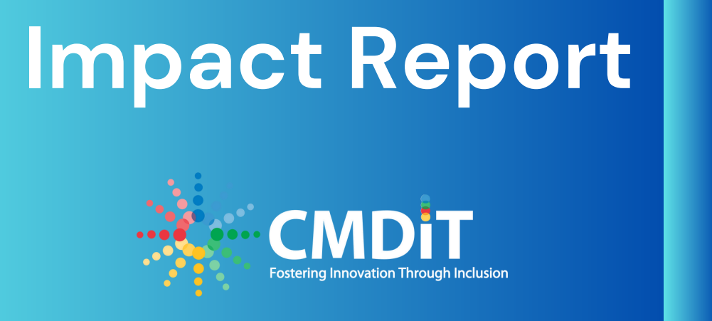 A blue background with the text "Impact Report" in large white letters above the CMDiT logo and the tagline "Fostering Innovation Through Inclusion.